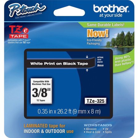 BROTHER Brother 9mm (3/8") White on Black Laminated Tape (8m/26.2') TZE325